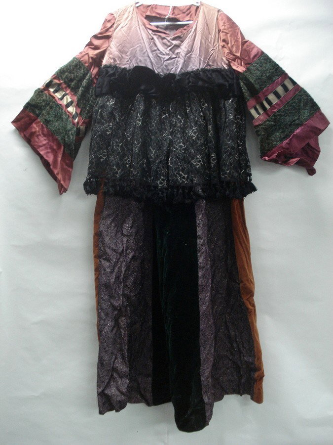 Stage costume - ornate dress.: Stage costume made from satin/silk, black and silver netting over striped velvet body. From the estate of Kermit Love, costume designer and puppet maker (NY 1916-1928)
