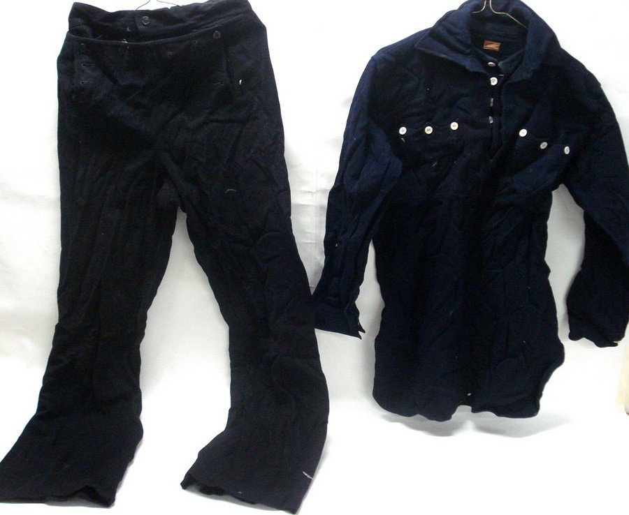 Grouping stage costumes.: Grouping stage costumes including man's naval pants and shirt, 2 pair of ladies suede leggings and shoes. From the estate of Kermit Love, costume designer and puppet maker (NY 1916-1928)