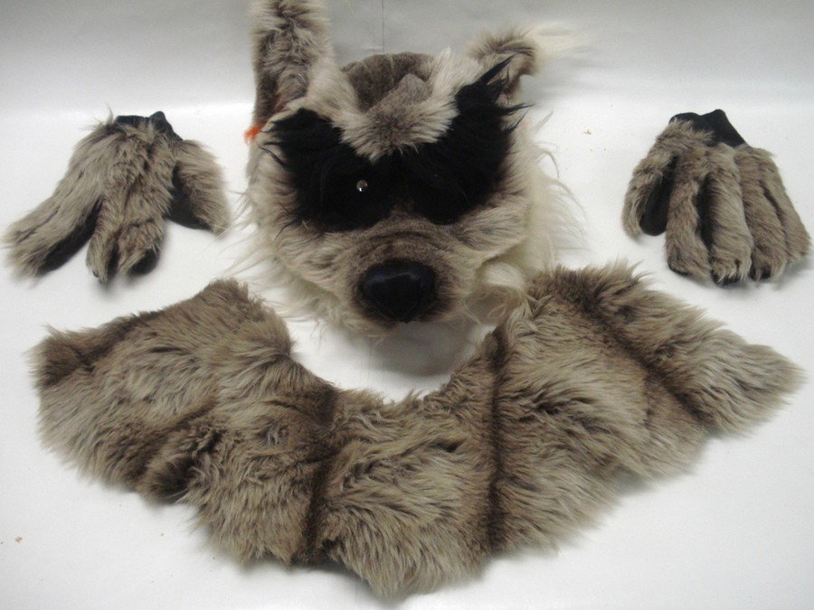 Theatrical wolf mask with neck piece & gloves.: Theatrical wolf mask with neck piece and matching fur gloves. From the estate of Kermit Love, costume designer and puppet maker (NY 1916-1928)