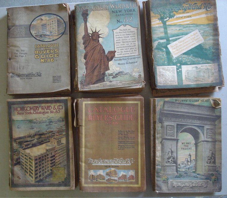 Grouping of 8 Sears and Montgomery Ward & Co. catal: Grouping of 8 Sears and Montgomery Ward & Co. catalogues circa 1920, most with some binding damage and fraying around edges, loose pages.
