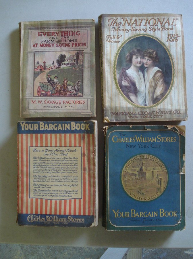 Grouping of 4 old merchandise catalogues including : Grouping of 4 old merchandise catalogues including M.W. Savage Factories, The National Money Saving Style Book 1915-1916, 2 Charles Williams NYC catalogues - all probably pre-1920.