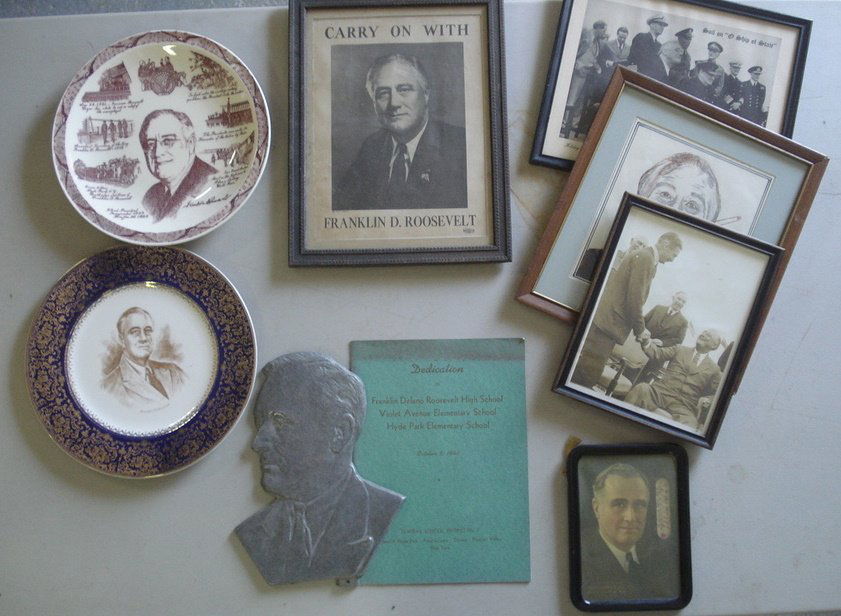 Lot of Franklin Delanore Roosevelt memorabilia: Boo: Lot of Franklin Delanore Roosevelt memorabilia: Books including The Roosevelt Years 1934, rare photo of FDR in a wheel chair, commemorative plate, small metal busts, etc.