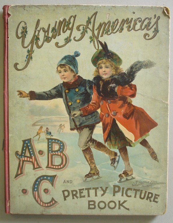 Kid's book entitled "Young America's ABC Pretty Pic: Kid's book entitled "Young America's ABC Pretty Picture Book" by McLoughlin Bros. NY 1900 - my chromolithographs - book complete but loose binding.