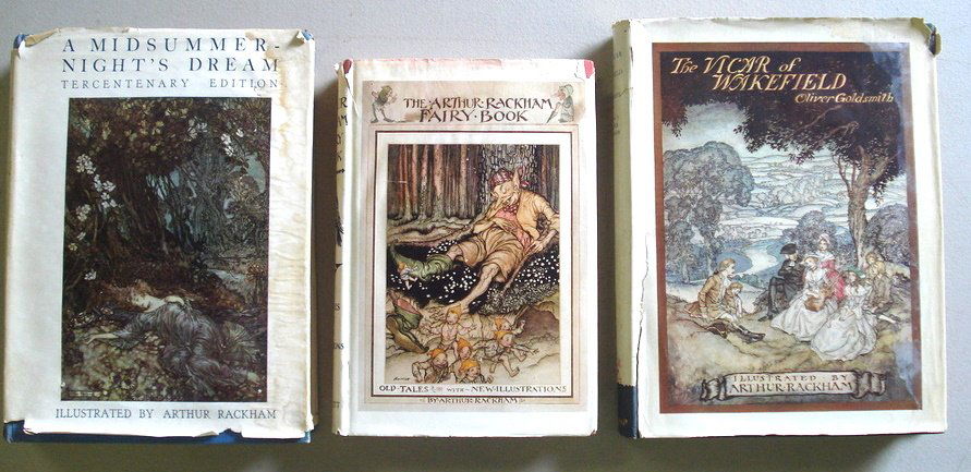 Three kid's books illustrated by Arthur Rackham ent: "Three kid's books illustrated by Arthur Rackham entitled: The Arthur Rackham Fairy Book - no pub. date - some moisture damage to dust jacket and pages, The Vicar of Wakefield - no pub. date, A Midsum