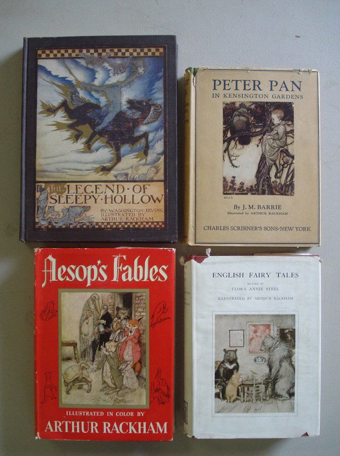 Four kid's books illustrated by Arthur Rackham enti: Four kid's books illustrated by Arthur Rackham entitled: Peter Pan in Kensington Gardens - pub. 1929, English Fairy Tales - pub. 1927, The Legend of Sleepy Hollow - pub. no date, Aesop's Fables - pub.