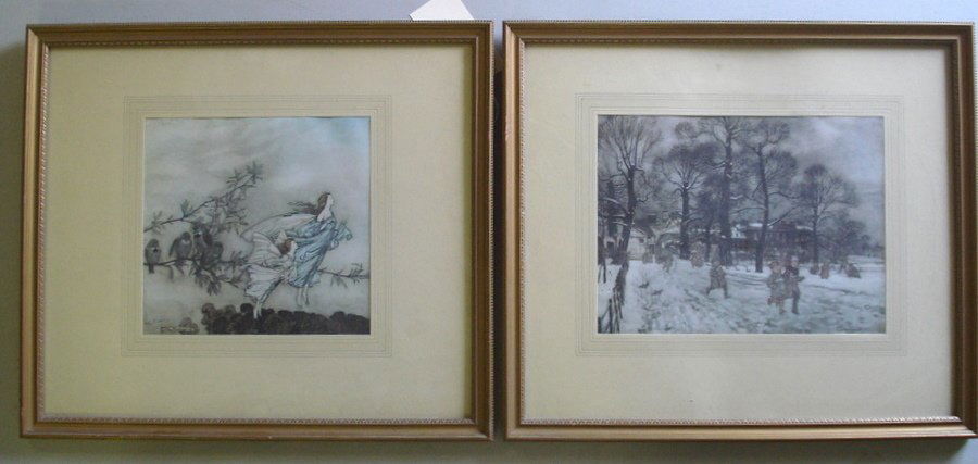 Two framed signed Arthur Rackham children's illustr: Two framed signed Arthur Rackham children's illustration prints. Both pencil signed by artist including angels and birds dated 1906 - 10" x 10.5" within mat, and children playing in snow dated 1906 -