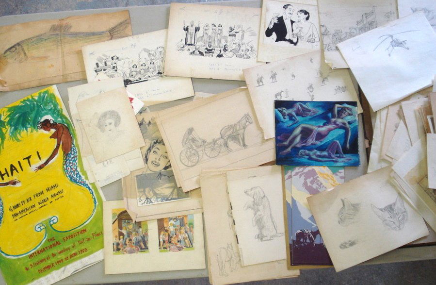 Portfolio of studies done by Ken Fagg plus artwork: Portfolio of studies done by Ken Fagg plus artwork by Jan Szarvas - most pencil drawings and original illustrations including double-sided W/C of sleeping ladies, probably for a Fagg advertisement.