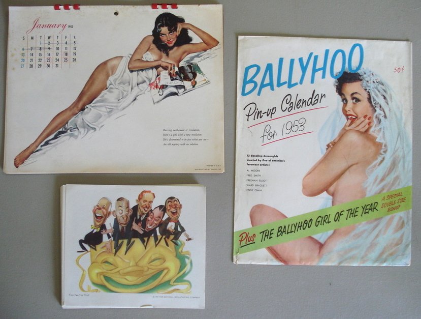 Pinup calendars and misc. prints including Ballyho: Pinup calendars and misc. prints including Ballyhoo Pinup Calendar for 1953 in original shipping envelope, Esquire 1951 Pinup calendar, NBC Parade of Stars prints dated 1947, etc.