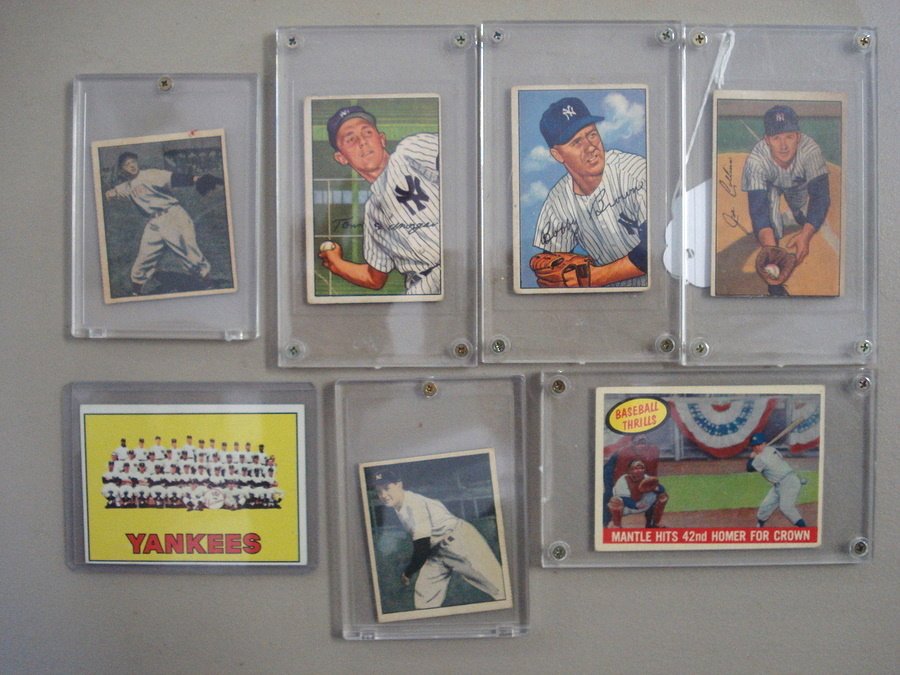 Seven old baseball cards - Hit Parade, etc.: Seven sealed baseball cards including 2 Hit Parade of Champions 1951 Dom DiMaggio & Joe Page, NY Yankees 1966, Tom Morgan 1952 Bowman, Baseball Thrills - Mantle Hits 42nd Homer For Crown, Bobby Brown 