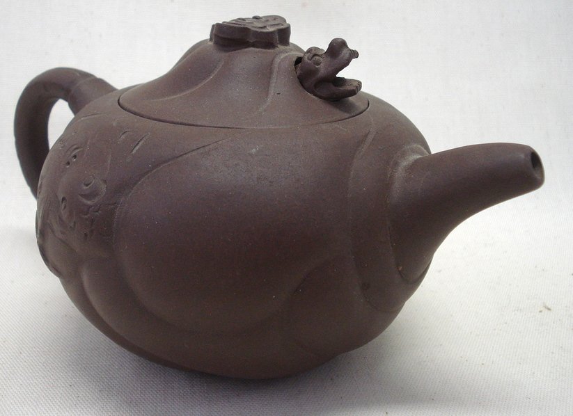 Yixing teapot - moveable clay animal head covering: Yixing teapot - moveable clay animal head covering air vent in lid. Signed, good quality, probably 20th century.