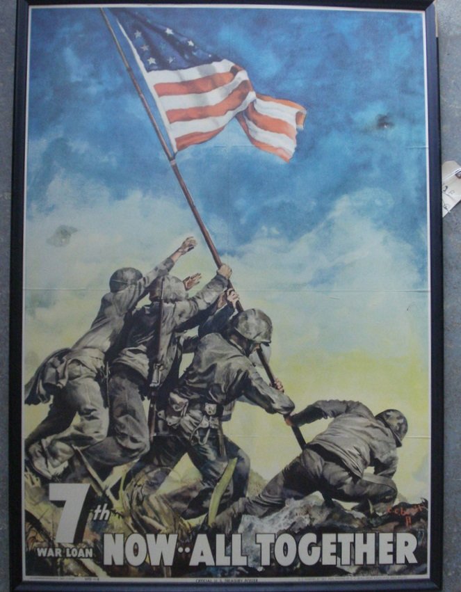 Two original WWII military/bonds posters.: Two original WWII military/bonds posters including Raising the flag at Iwo Jima - "7th War Loan Now All Together" signed C.C. Beall - fold marks - applied to board - Marked lower left "US Government P