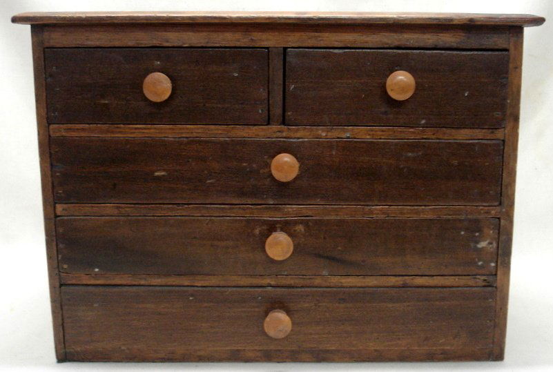 Small 5 drawer utility chest - interior drawers co: Small 5 drawer utility chest - interior drawers constructed of old cigar boxes. Circa 1900 - pulls appear to be later replacements.