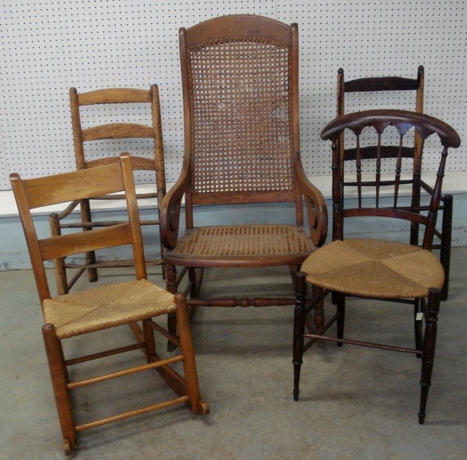 Grouping of 5 early country chairs & rockers.: Grouping of 5 early country chairs and rockers. Deassessioned from Historic Huguenot Museum, New Paltz, NY