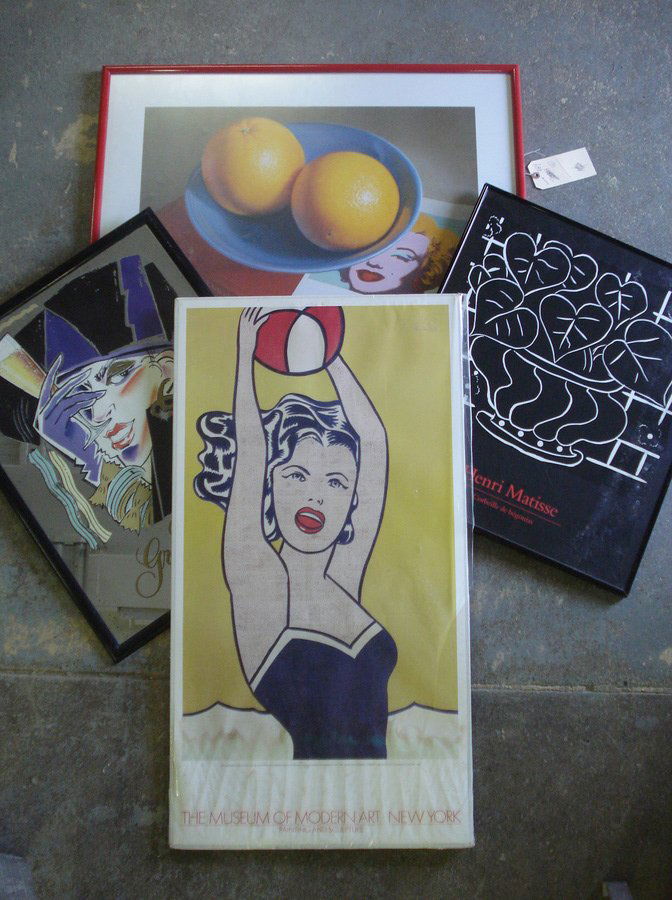 Grouping of 3 late 20th c. posters one by Roy Lich: Grouping of 3 late 20th c. posters one by Roy Lichtenstein for Museum of Modern Art NYC 1984 (stained on bottom), together with 1 older champagne advertising mirror.