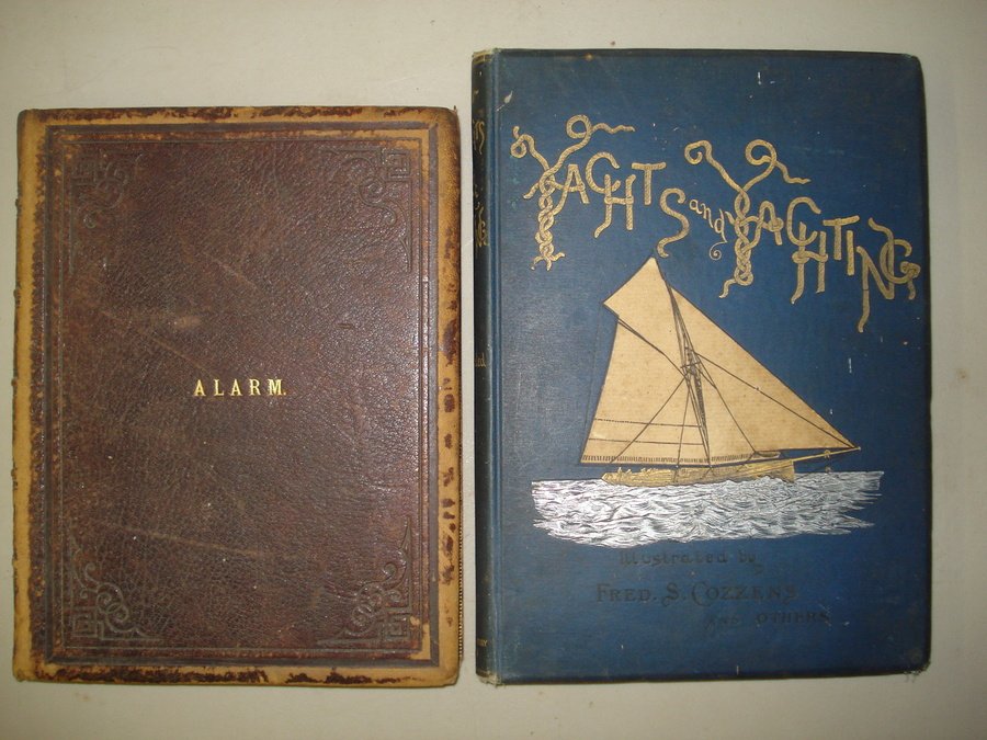 Two rare Yachting books, one signed F.S. Cozzens.: Two old books on yachting including "Yachts and Yachting" first edition 1897 inscribed to "Capt. William (indistinguishable last name) From Fred S. Cozzens Nov 6th 1887" - 1st blank cover page torn an
