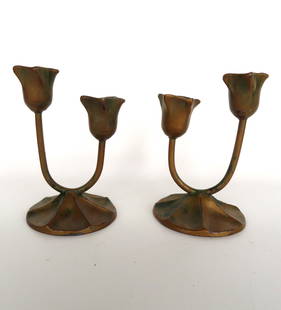 Pair of faux bronze Arts & Crafts candllesticks: Pair of faux bronze Arts & Crafts candlesticks, signed McClelland Barclay - both in very good condition - 5 1/2"H x 4"W.