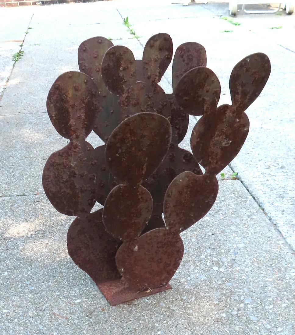 A sheet iron 3 section silhouette cactus garden sculpture - note the presence of applied dimples on (1 of 5)