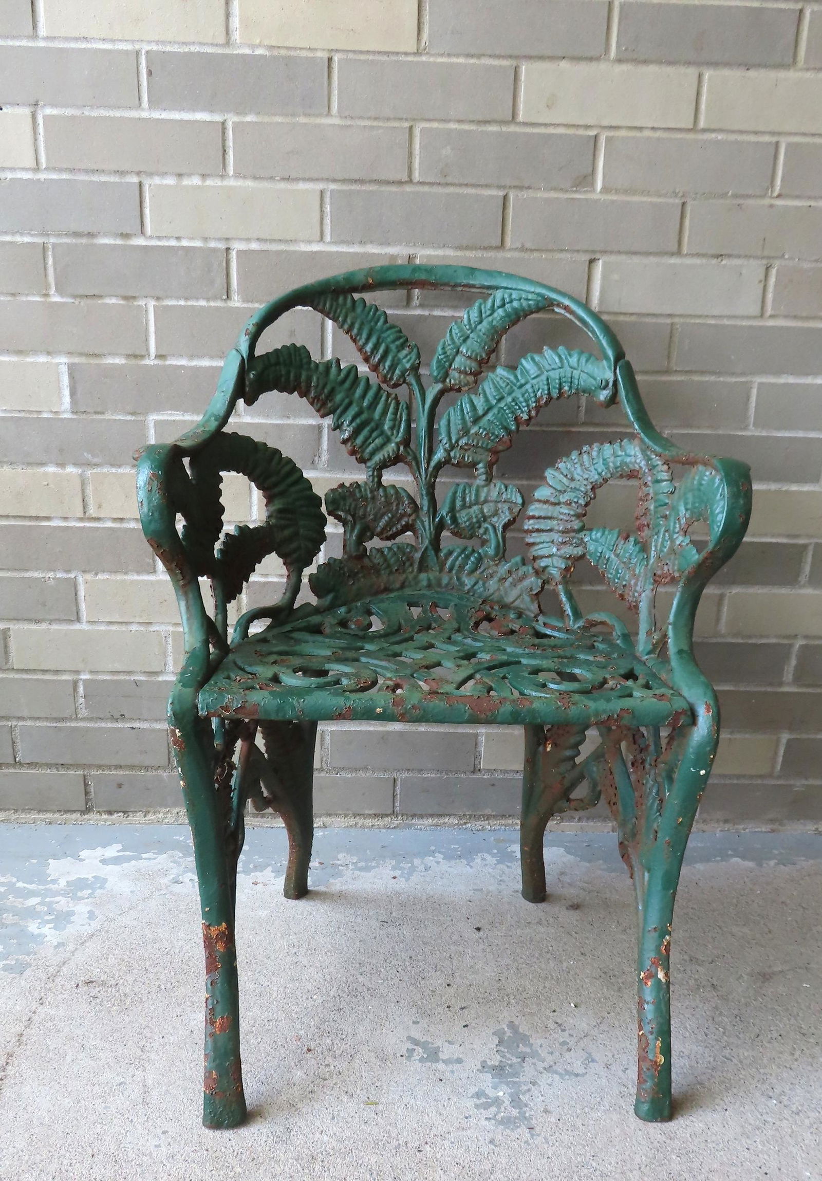 Cast iron fern pattern garden chair, 19th century, old green over white paint, very good condition, (1 of 7)