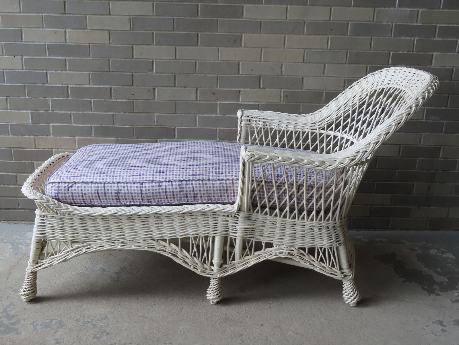 A Bar Harbor style wicker chaise lounge with non-matching wicker ottoman in old white paint - single (1 of 12)