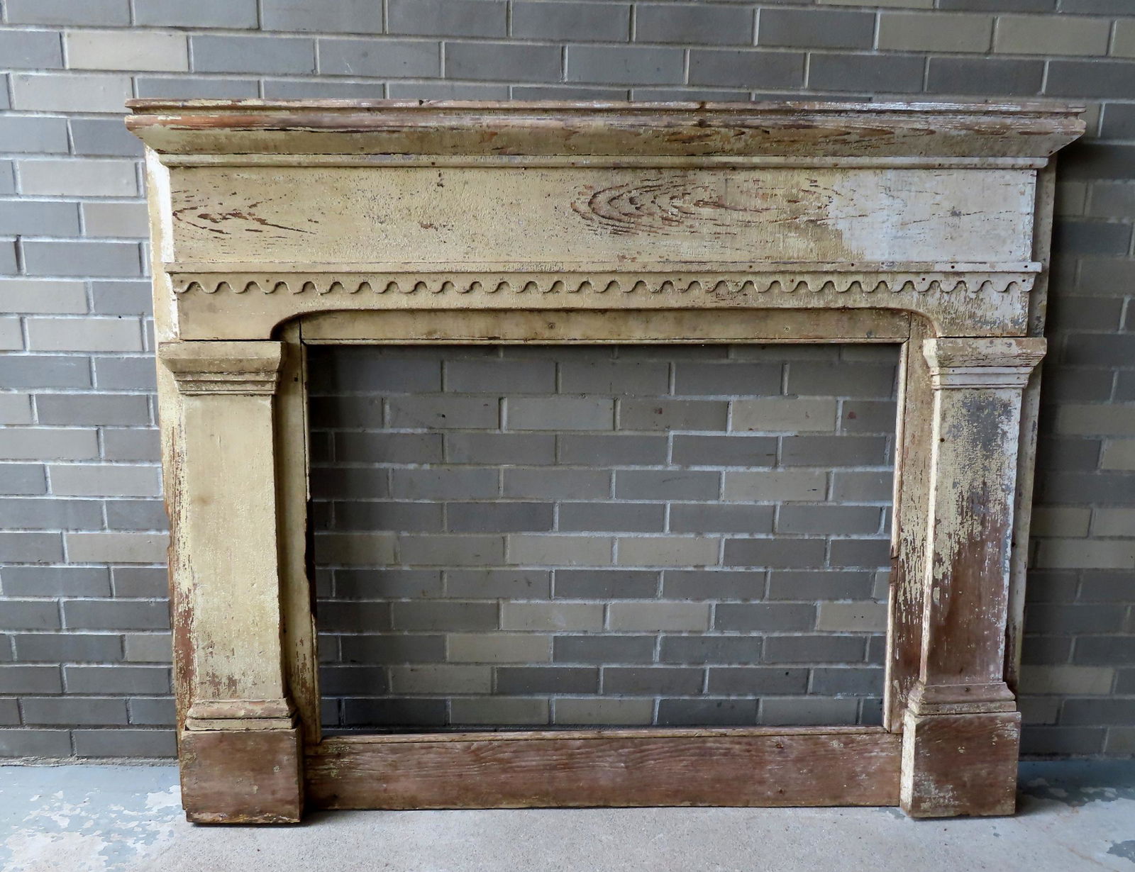A primitive wood fireplace mantle, circa 1830-50, original worn paint. Missing shelf and losses to (1 of 11)