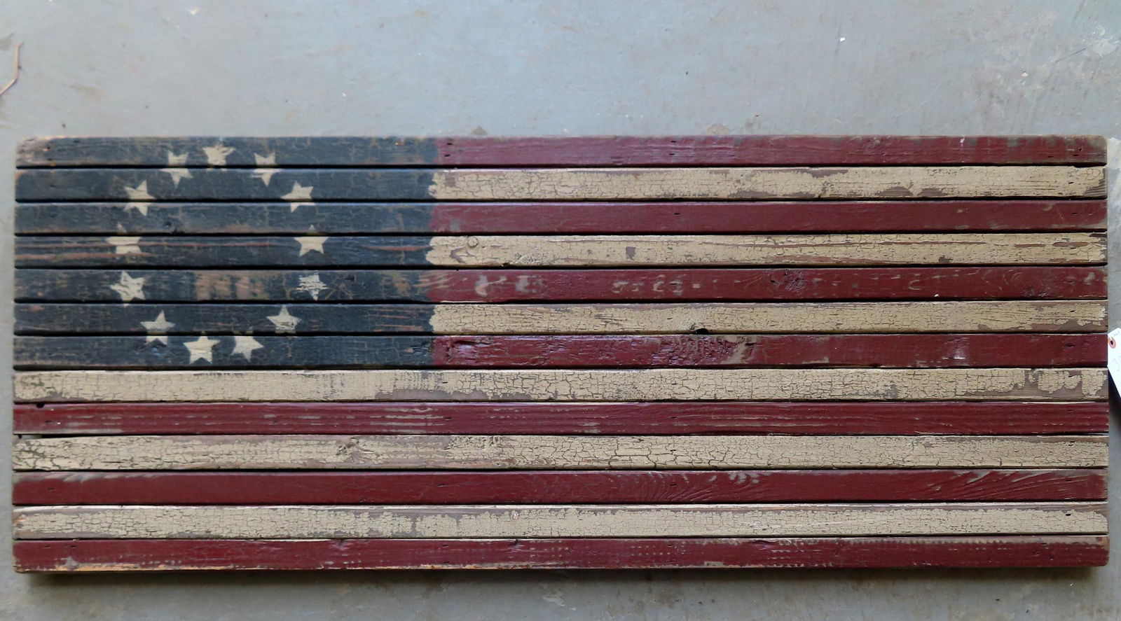 A Bi-Centennial hand made wooden American flag  building ornament - 13 stars -  some crazing and (1 of 4)