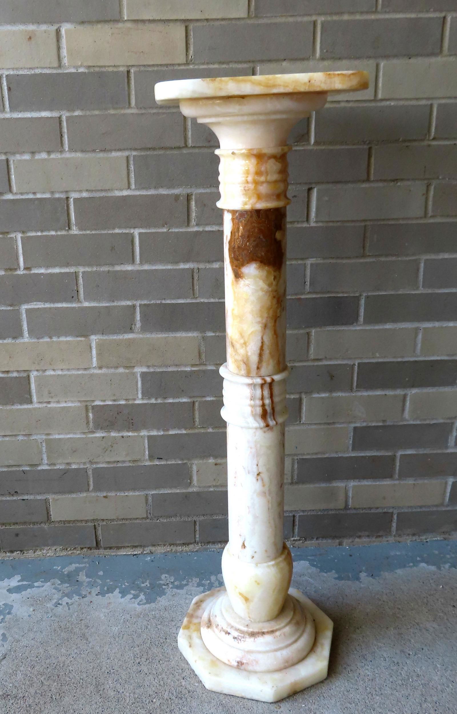 A white, amber, gray and brown alabaster pedestal with square top with rounded corners that attaches (1 of 7)