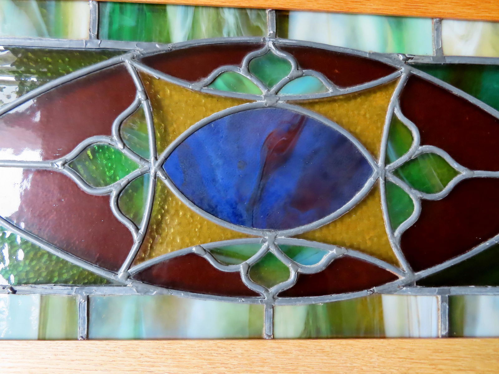 A leaded and stained glass window, Art Deco style, housed in a newer solid oak frame. Excellent (1 of 4)