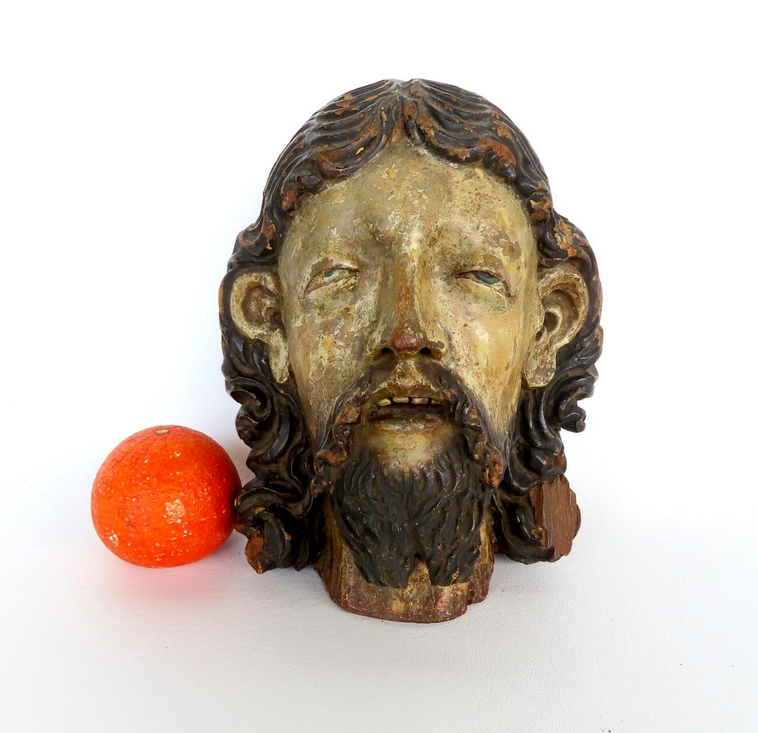 A very fine polychrome carved sculpture of the head of Christ,  depicting Him as "The Man of (1 of 9)