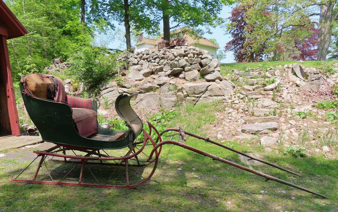 A one horse open sleigh with original shaft and in original red and green paint - label applied to (1 of 16)