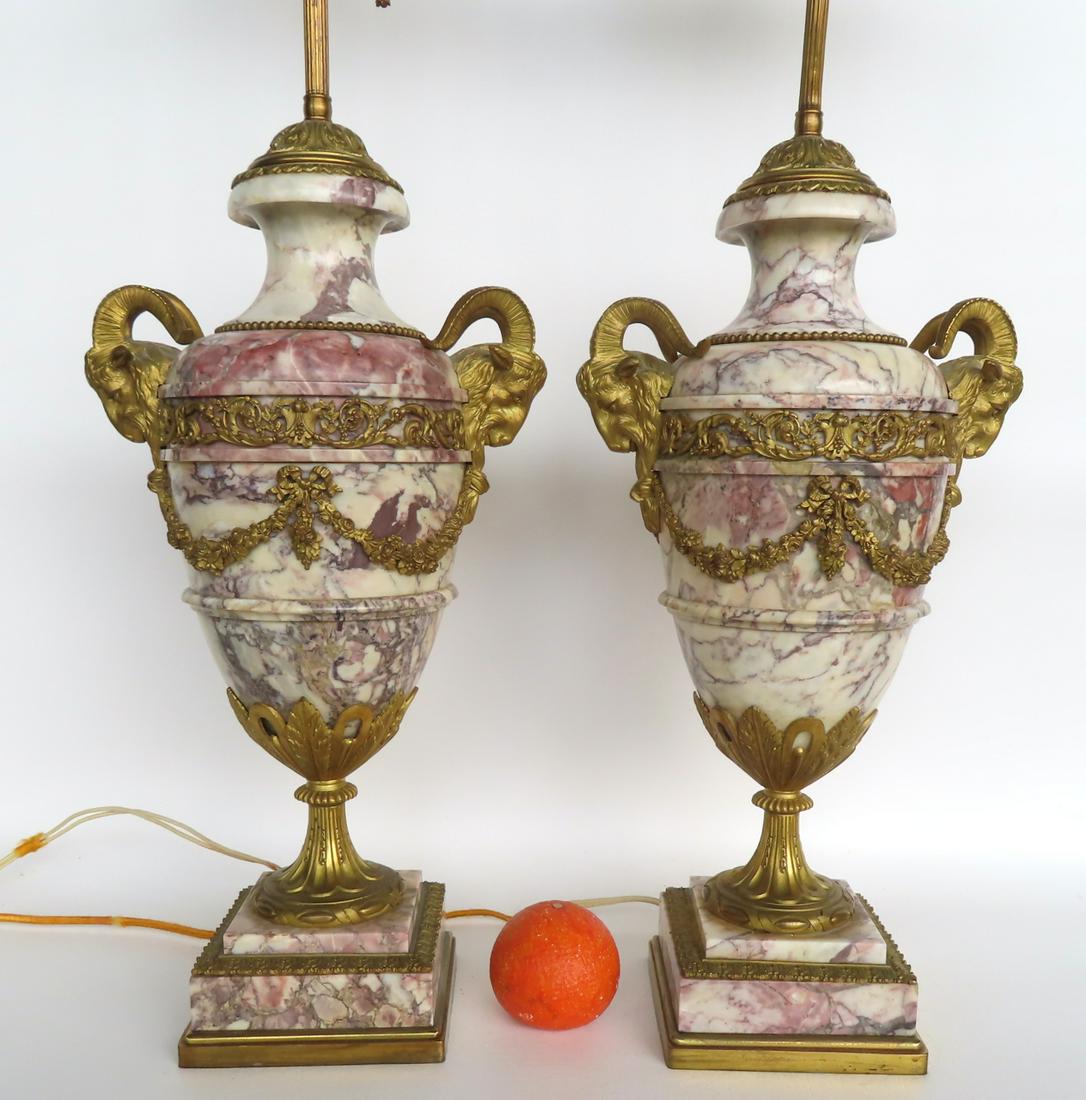 A pair of outstanding French marble urns, converted to table lamps, with applied gilt bronze ormolu (1 of 18)