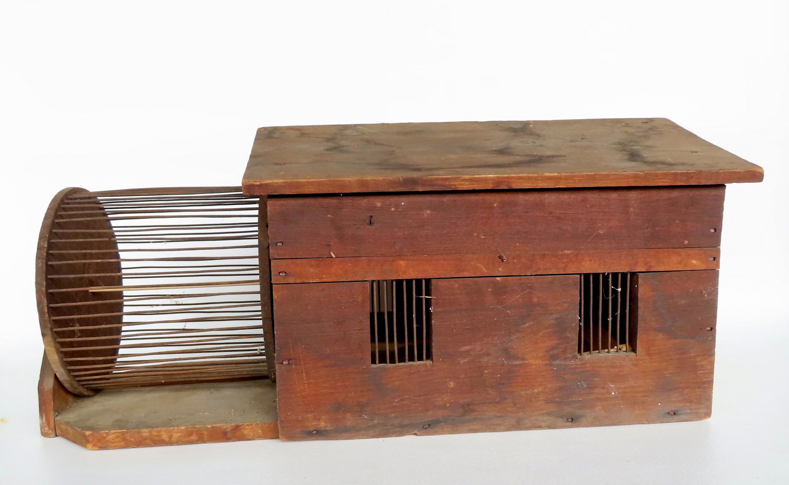 A primitive 19th century squirrel cage, with replaced dowel that holds the revolving cage in place, (1 of 6)