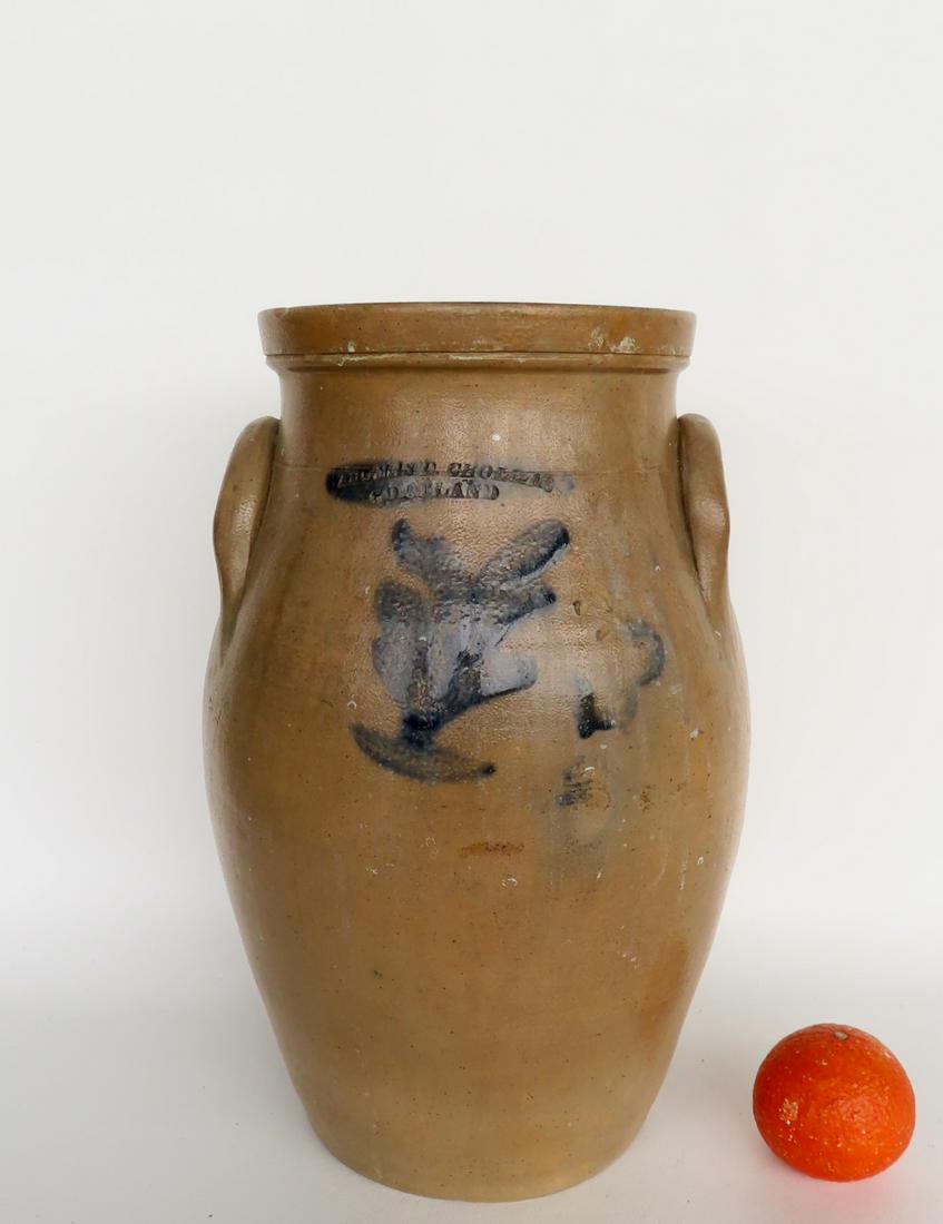 A stoneware butter churn with the impressed mark of "THOMAS D. CHOLLAR / CORTLAND" and decorated (1 of 8)