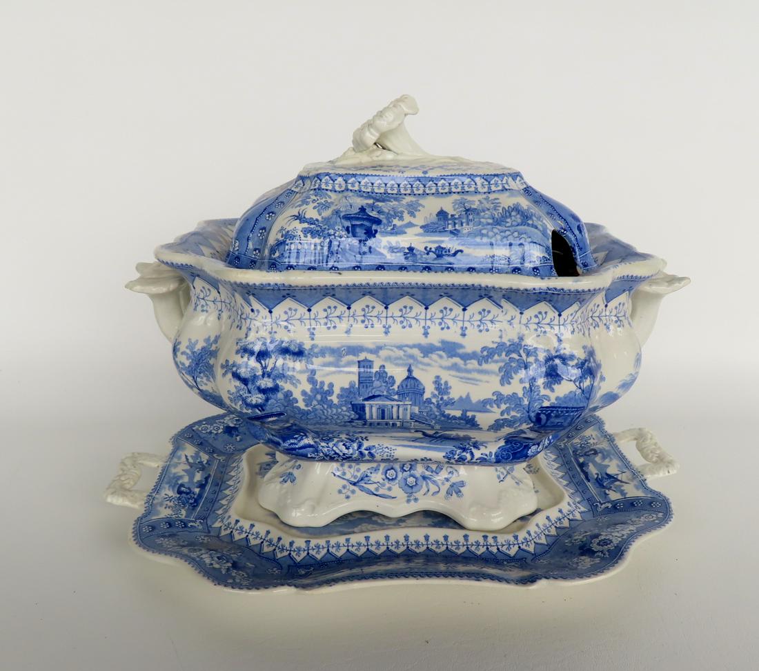 A Staffordshire blue and white transferware lidded tureen with matching under plate, double handles (1 of 13)