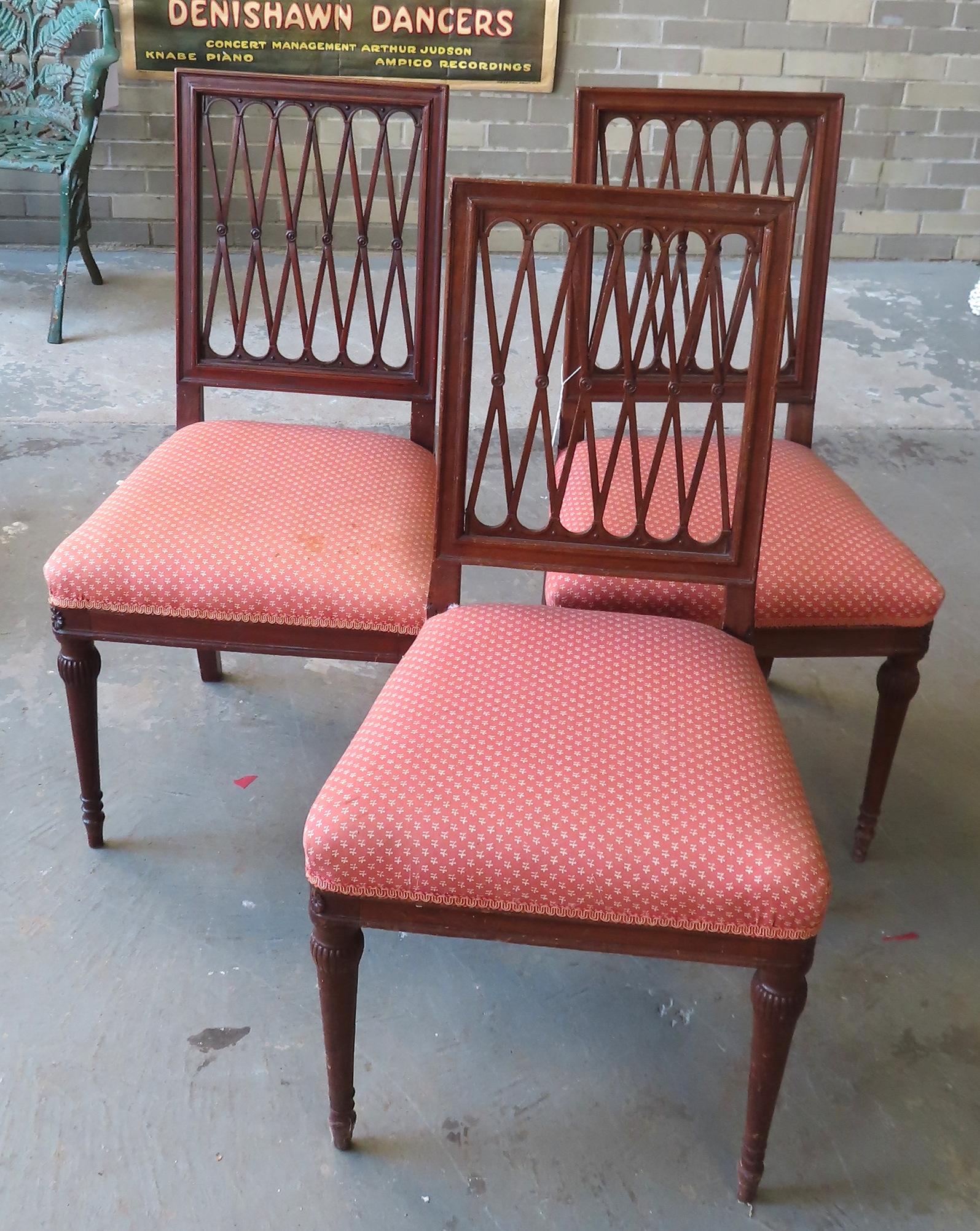 Three Sheraton mahogany dining chairs with upholstered seats and turned legs (1 of 13)