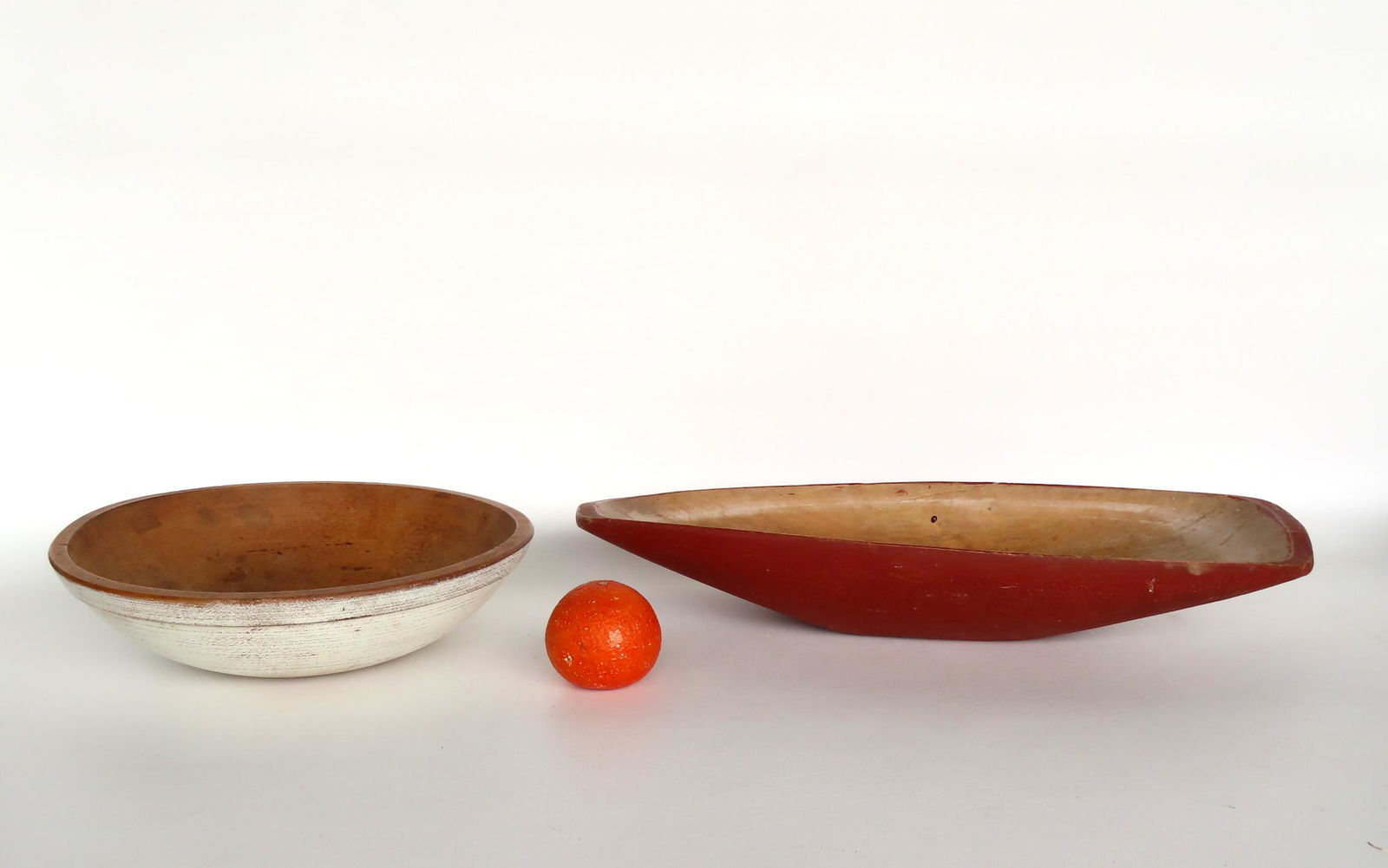 Two treenware bowls. The first in old white paint, 19th century, and measures 13" diameter x 3 1/4"H (1 of 14)