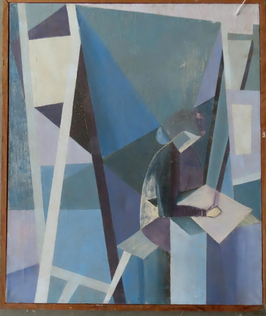 O/C Abstract depicting a figure working at desk in Cubist style, probably mid 20th century. Marked (1 of 6)