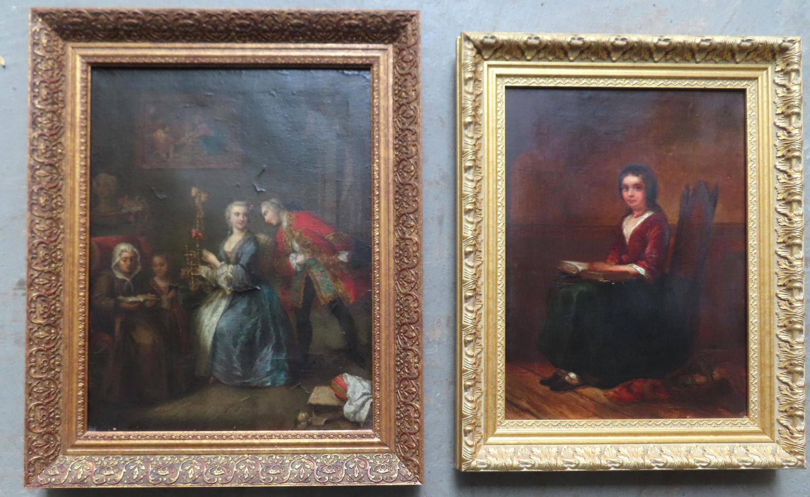 A pair of continental early portraits. The first a parlor scene with gentleman, lady at spinning (1 of 14)