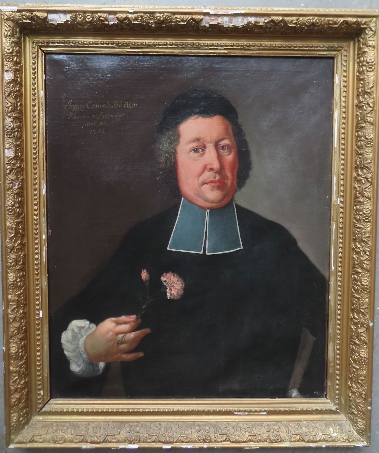 O/C Portrait of a minister holding a flower, signed upper right corner "Joann Conrad (1 of 9)