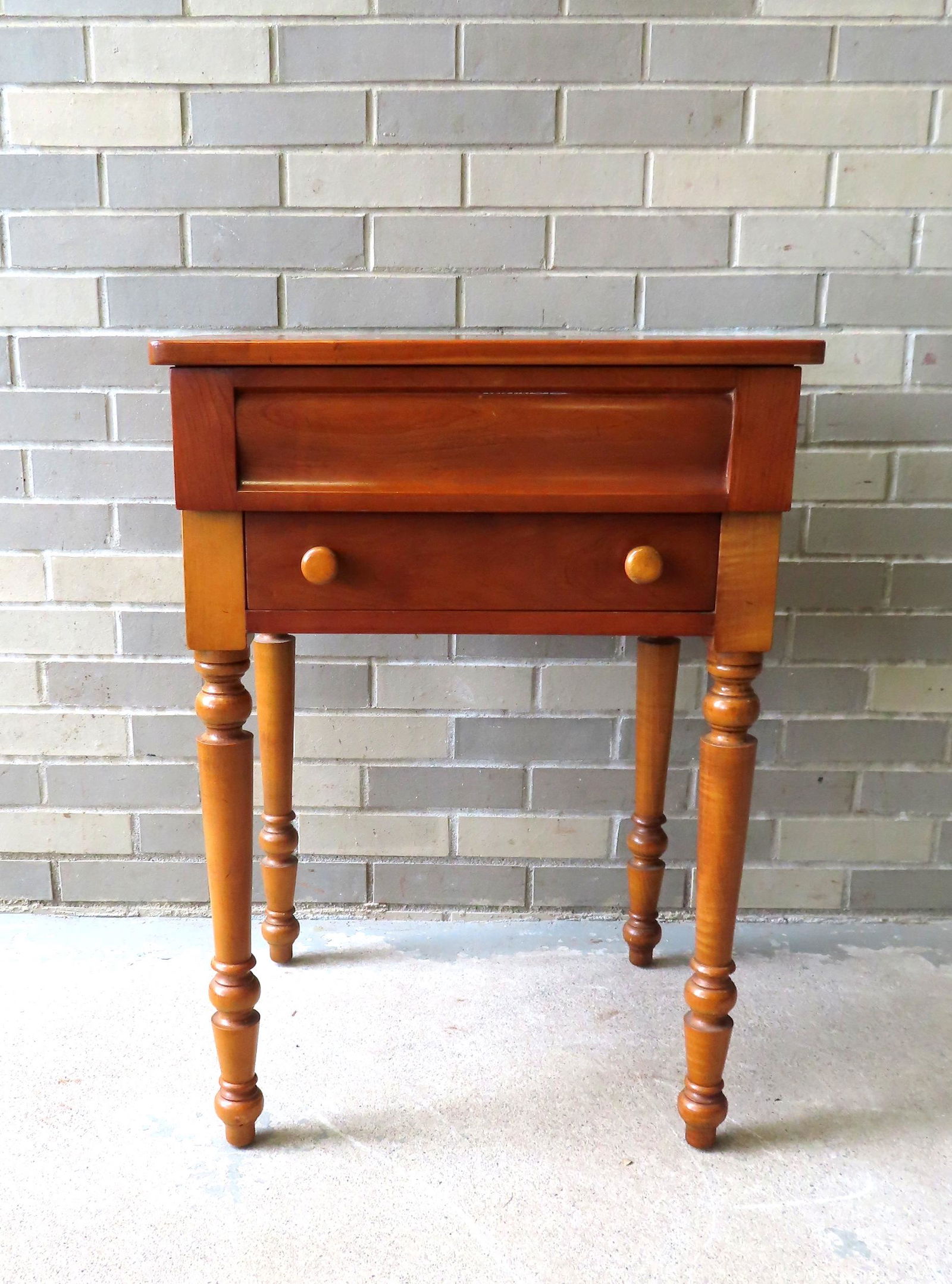 A Sheraton style 2 drawer lamp table with turned legs signed L & J.G Stickley Inc. -Stickley labels (1 of 6)