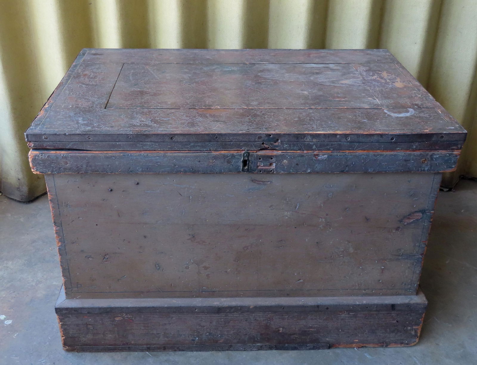 A large carpenter's tool chest in original brown paint with pin striping and red highlights on (1 of 13)