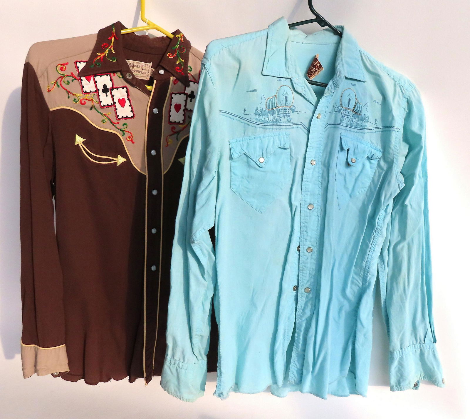 Two western style cowboy shirts including "H BAR C RANCHWEAR" - 2 hand sewn repairs, otherwise good (1 of 10)