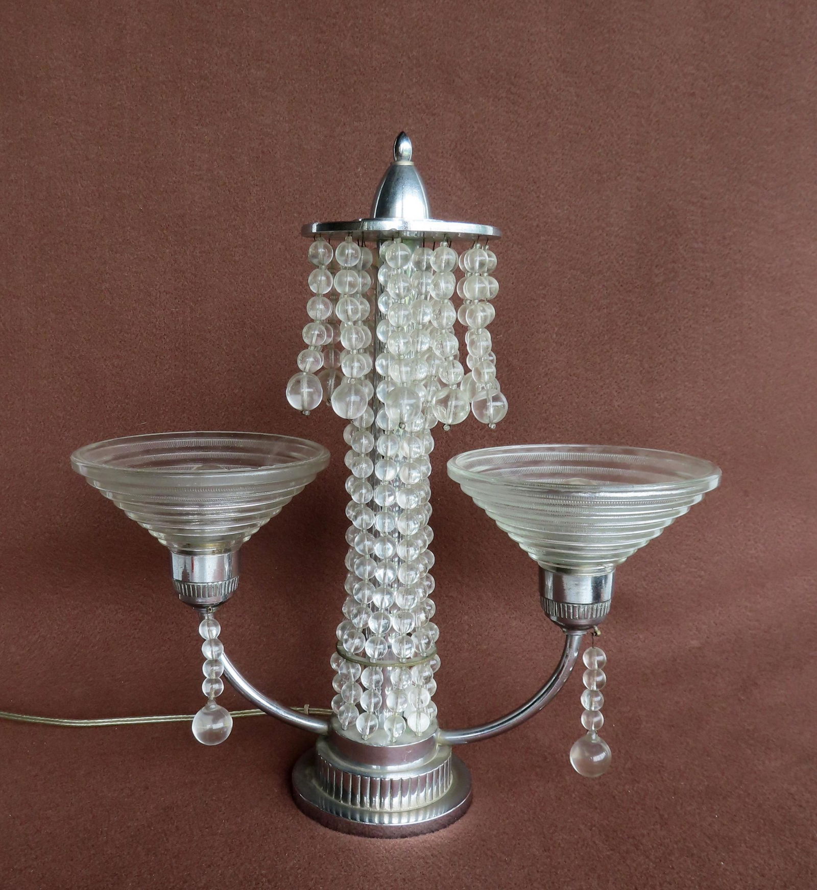Georges Leleu chrome table lamp in the Art Deco style with double glass shades signed G. Leleu, and (1 of 9)