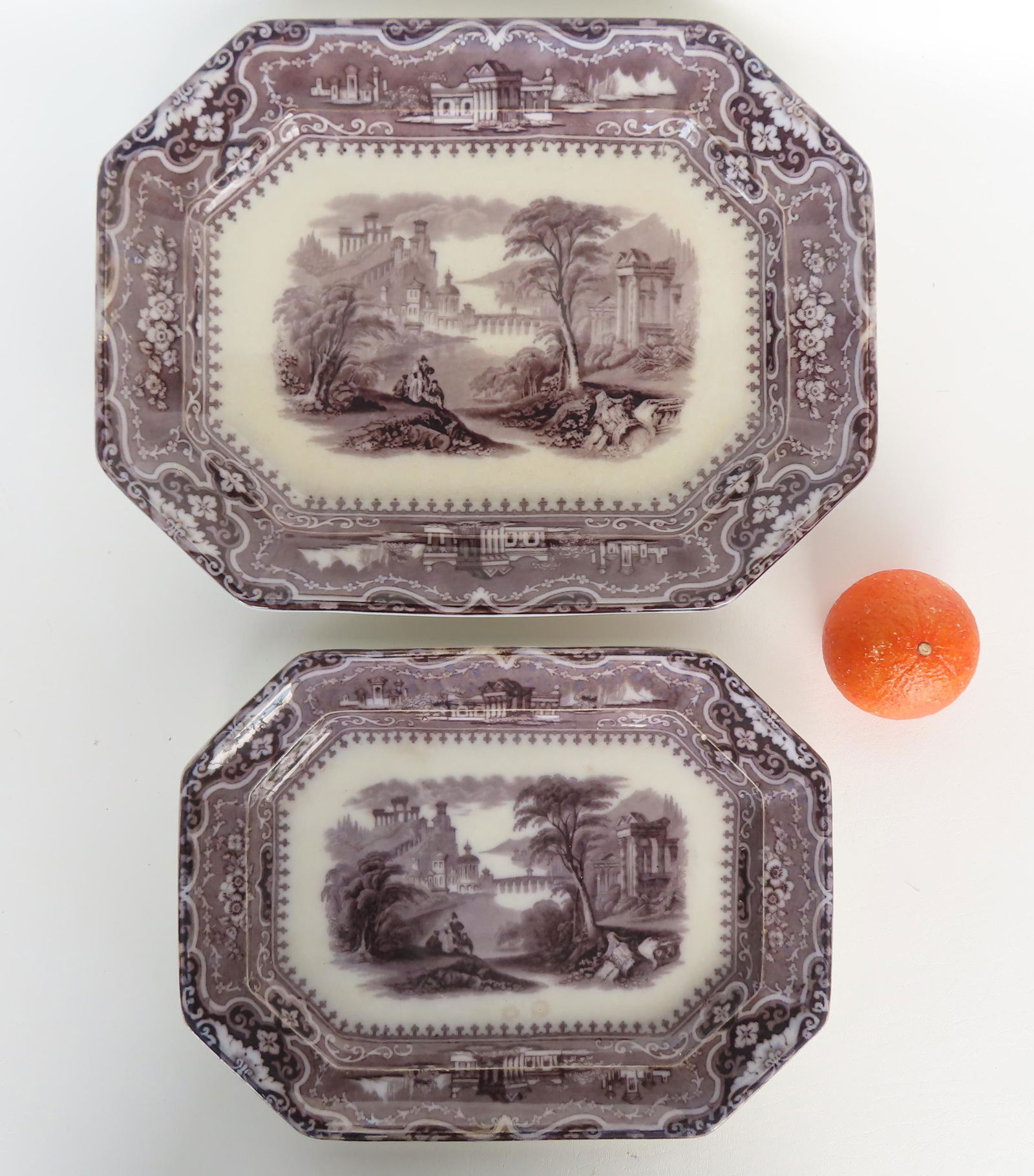 Two Staffordshire black and white octagonal shaped platters, circa 1850 signed John Alcock - (1 of 5)