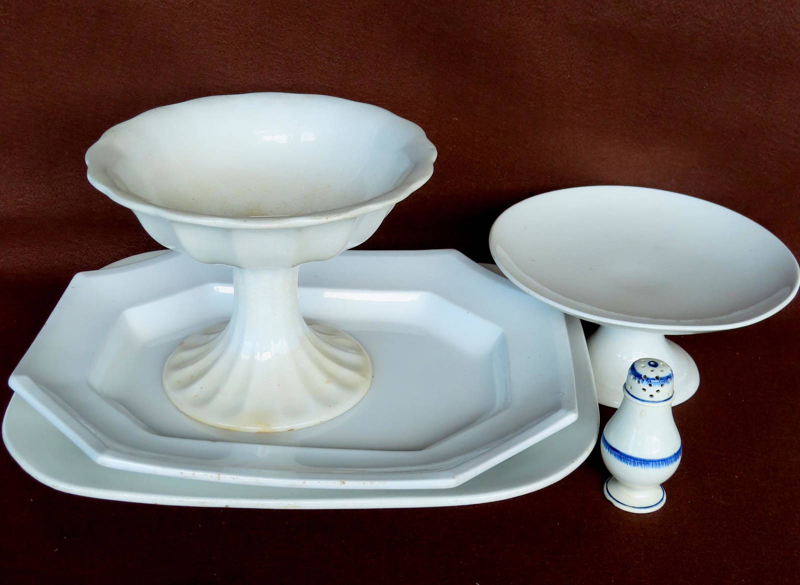 Four Pieces Of Early White Ironstone China And A Leeds Shaker, All Circa 1850 The Ironstone