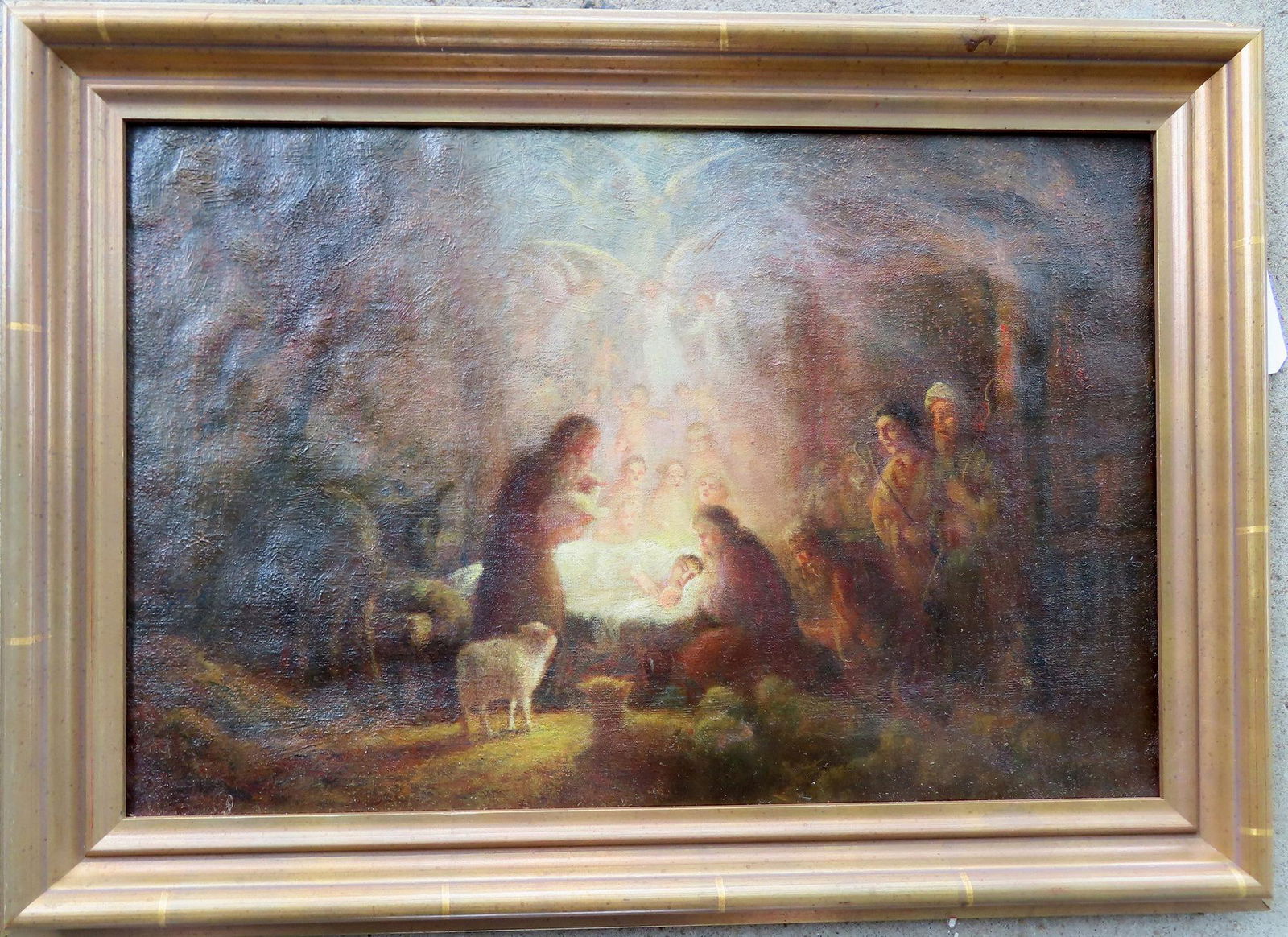 O/C Nativity scene with Jesus, shepherds, farm animals, angels, etc., 19th century. Titled on (1 of 4)
