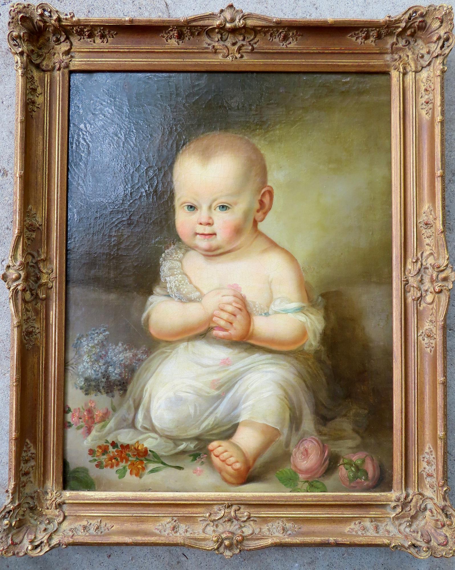 O/C Portrait of seated baby holding flowers, early to mid 19th century, housed in a later gilt gesso (1 of 5)