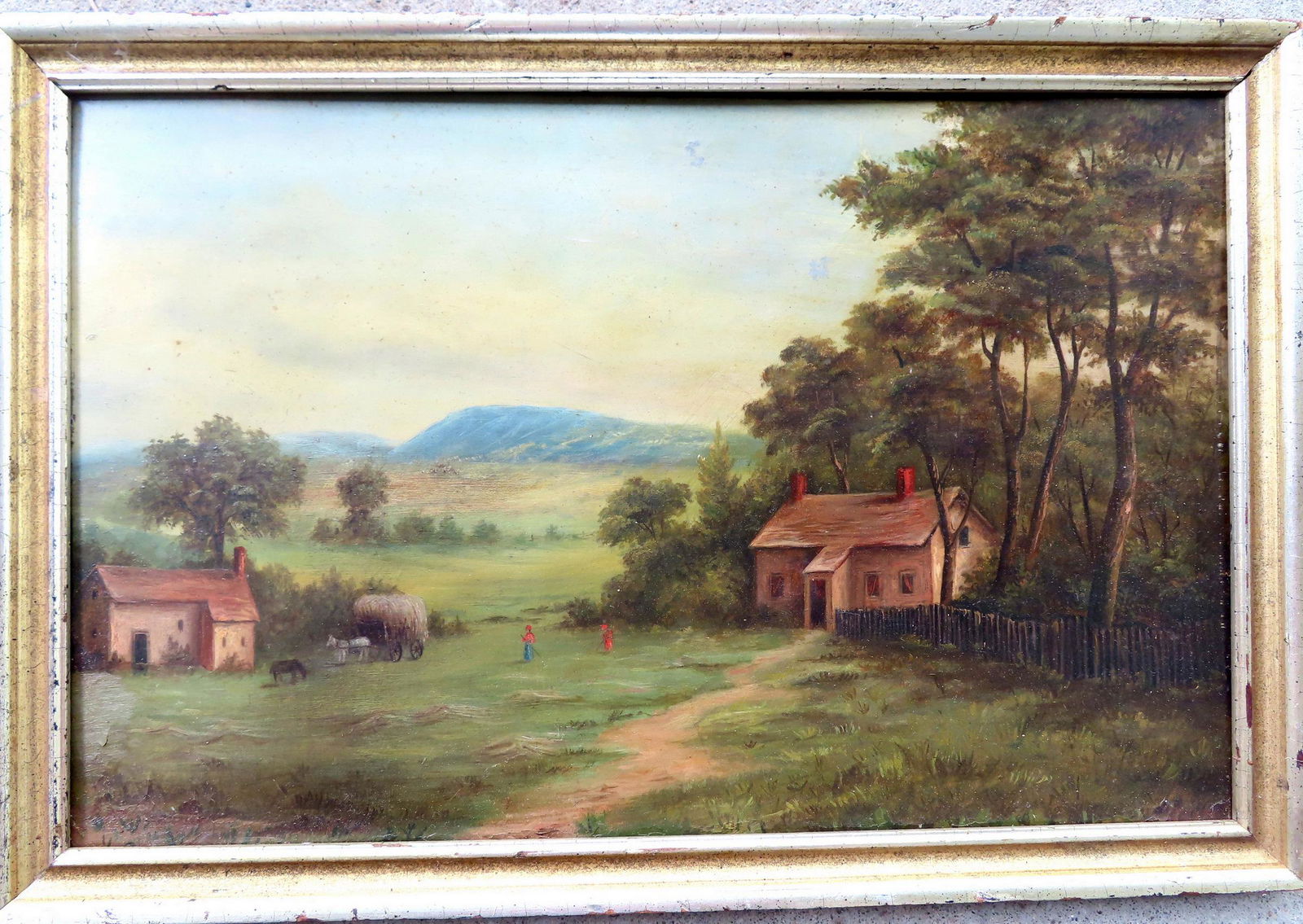 O/B Country farm scene with farm houses, figures, and hay wagon pulled by horse. Very good (1 of 4)