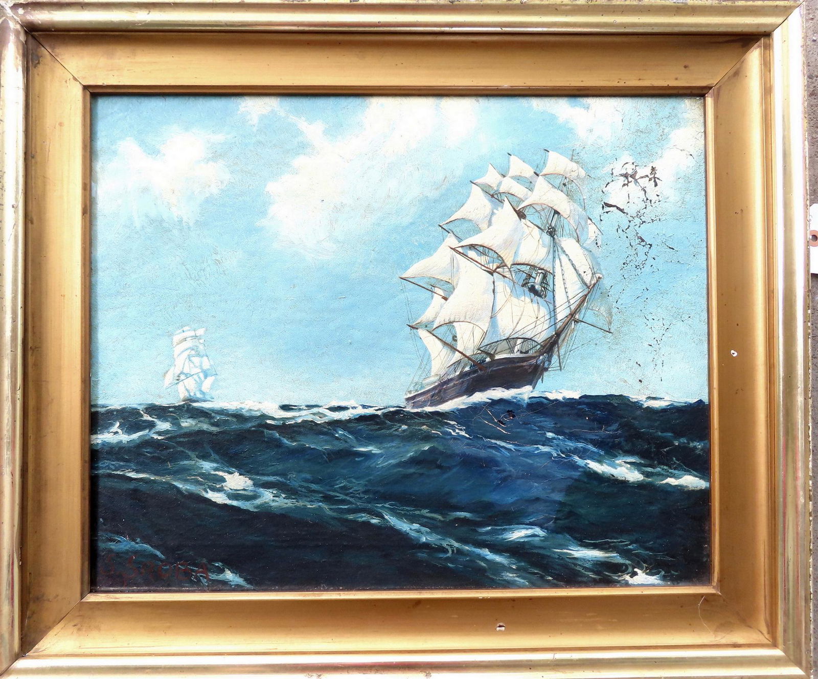 O/C Sailing ships in ocean, late 19th century. Appears to be mounted in original gilt gesso frame - (1 of 4)