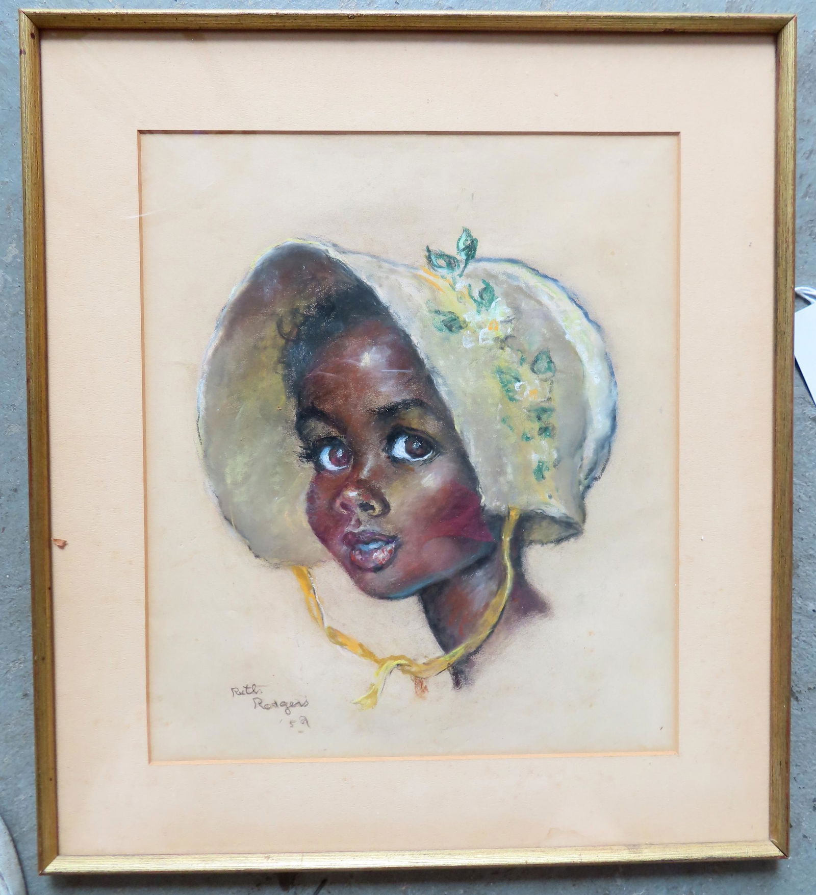 A beautiful pastel portrait of an African American child wearing a sunbonnet, signed Ruth Rogers '59 (1 of 4)