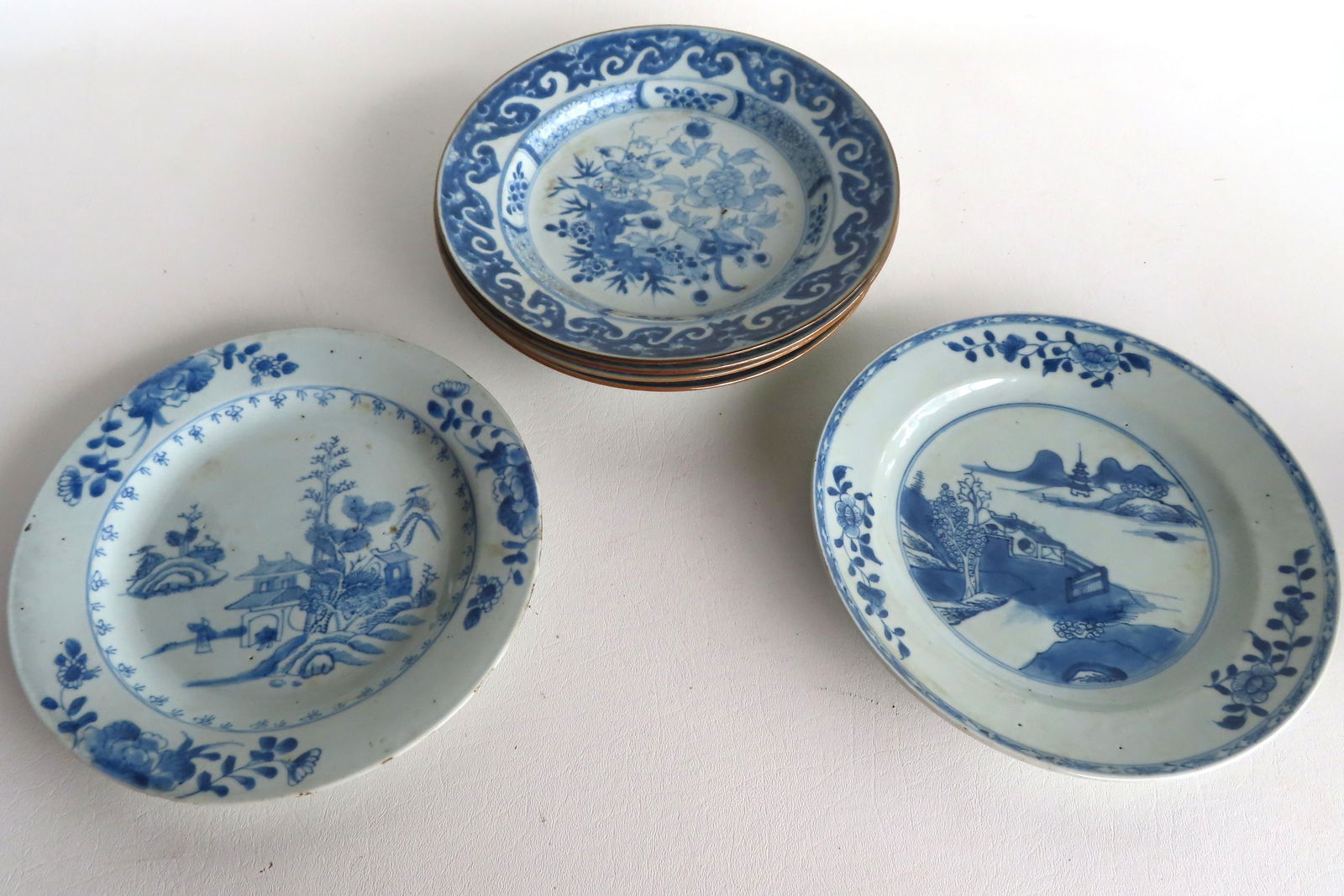 Grouping of 6 Chinese export blue and white plates and bowls, including 3 matching (1 of 9)